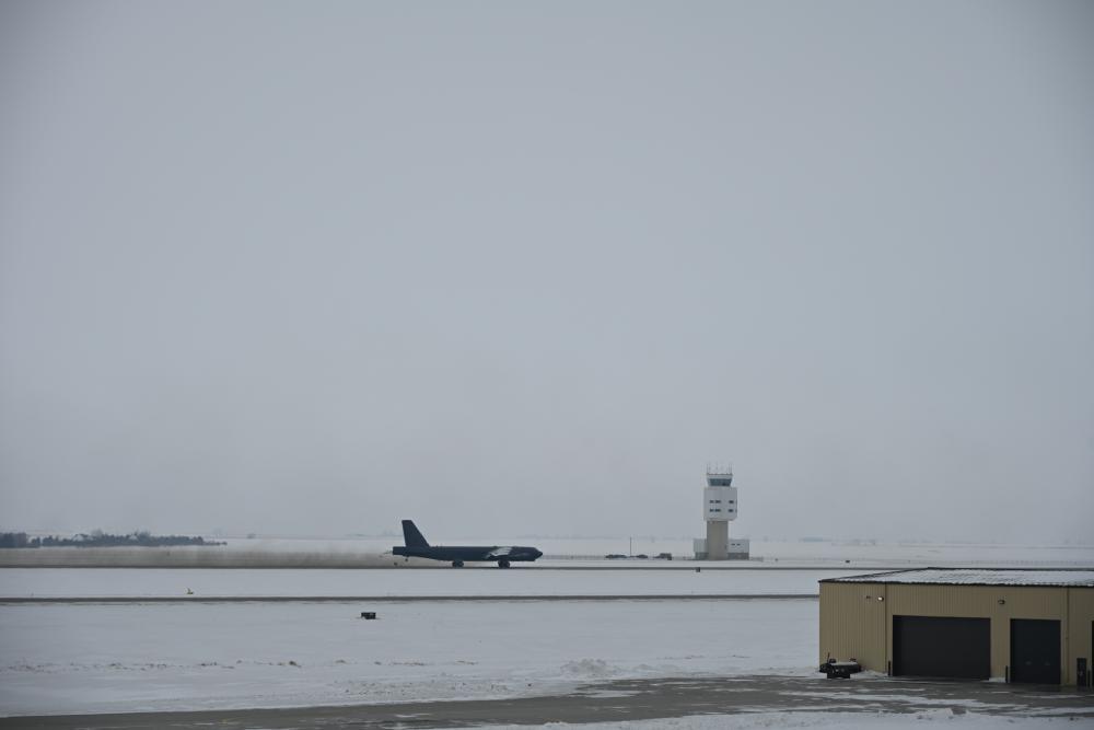 A B-52H Stratofortress bomber assigned to the 5th Bomb Wing takes off from the flightline at Minot Air Force Base, North Dakota on January 24, 2023 in support of the Juniper Oak 23.2, the largest United States-Israel partnered exercise, hosted by U.S. Central Command and the Israel Defense Forces. The U.S. Air Force is adding an infrastructure-based regional operation network at several of its nuclear-triad related bases to increase tactical communications. USAF photo by Sr. Airman Caleb Kimmell