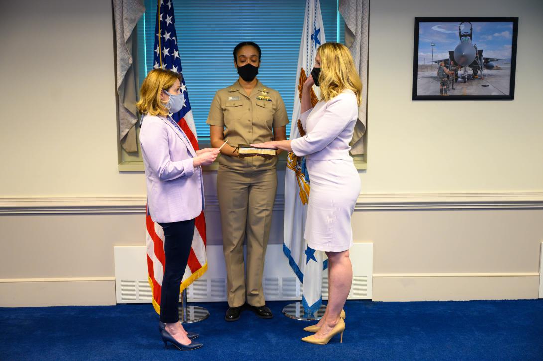 Deputy Secretary of Defense Kathleen H. Hicks swears in Meredith Berger as the assistant secretary of the Navy at the Pentagon, Washington, D.C., August 2021. DoD photo by U.S. Air Force Staff Sgt. Jack Sanders
