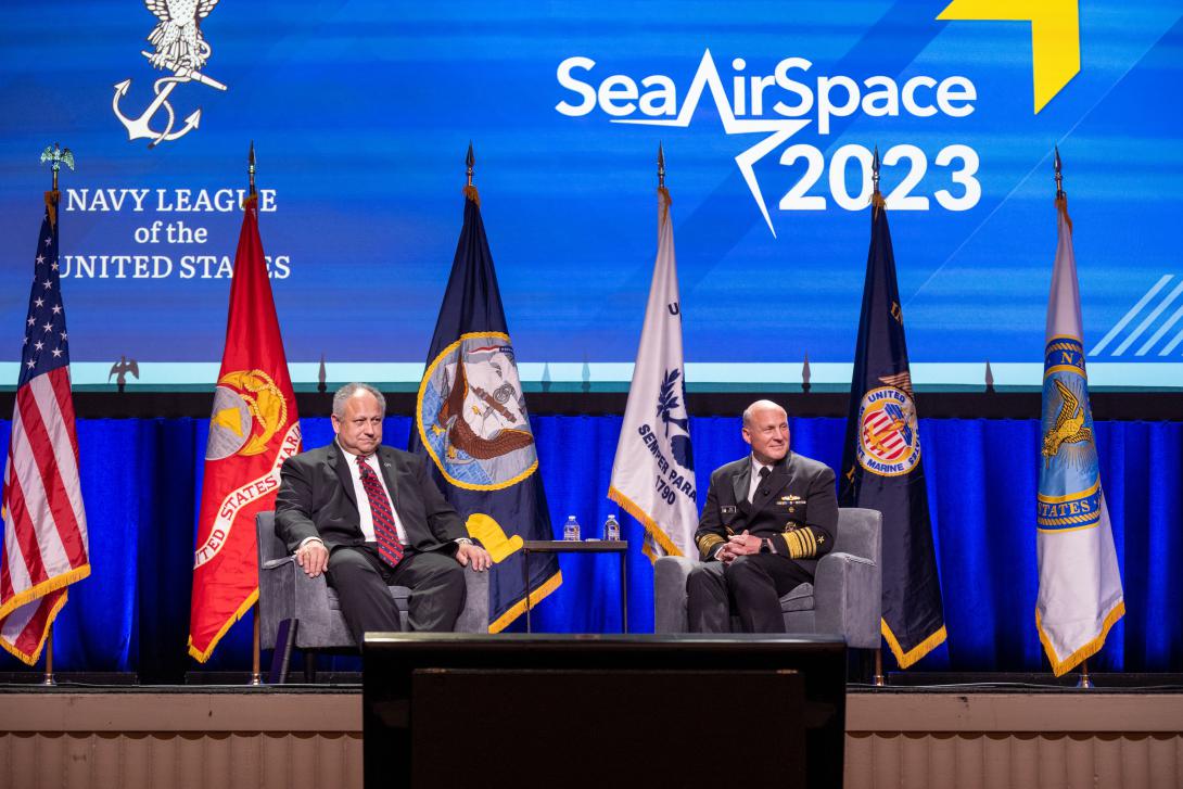 Secretary of the Navy Carlos Del Toro and Chief of Naval Operations Adm. Mike Gilday spoke at during the 2023 Sea Air Space Exposition at the Gaylord National Resort and Convention Center on Tuesday. Photo: Specialist 1st Class Michael B. Zingaro, U.S. Navy.