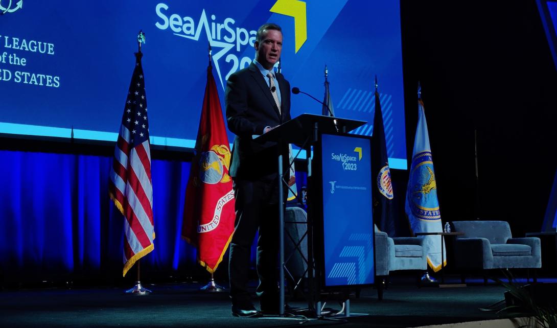 Undersecretary of the Navy Erik Raven preceded a panel of service heads. Photo: AFCEA.