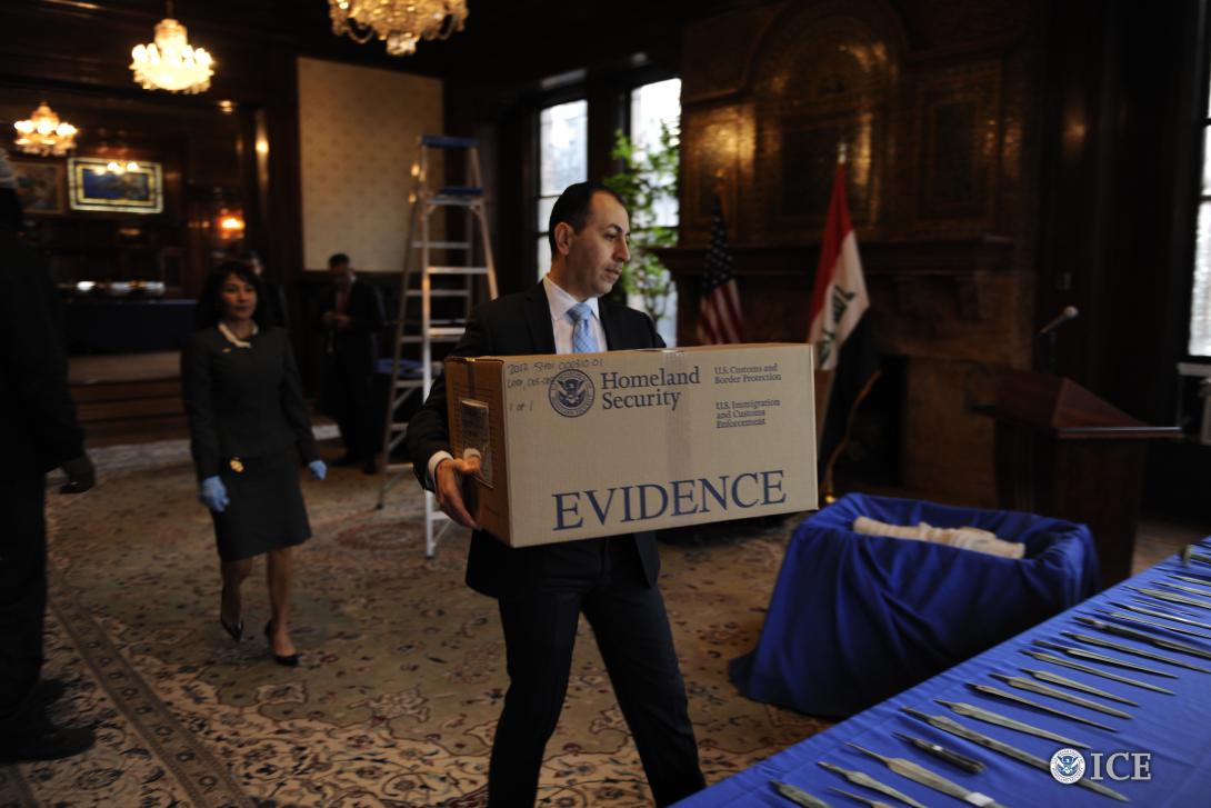 Agencies like the U.S. Immigration and Customs Enforcement (ICE) Homeland Security Investigations (HSI) and U.S. Customs and Border Protection (CBP) often partner to investigate illegal activities. In 2015, more than 60 Iraqi cultures treasures were illegal smuggled into the United States and were returned to the Republic of Iraq following numerous investigations. Photo by Kelly Lowery, ICE.