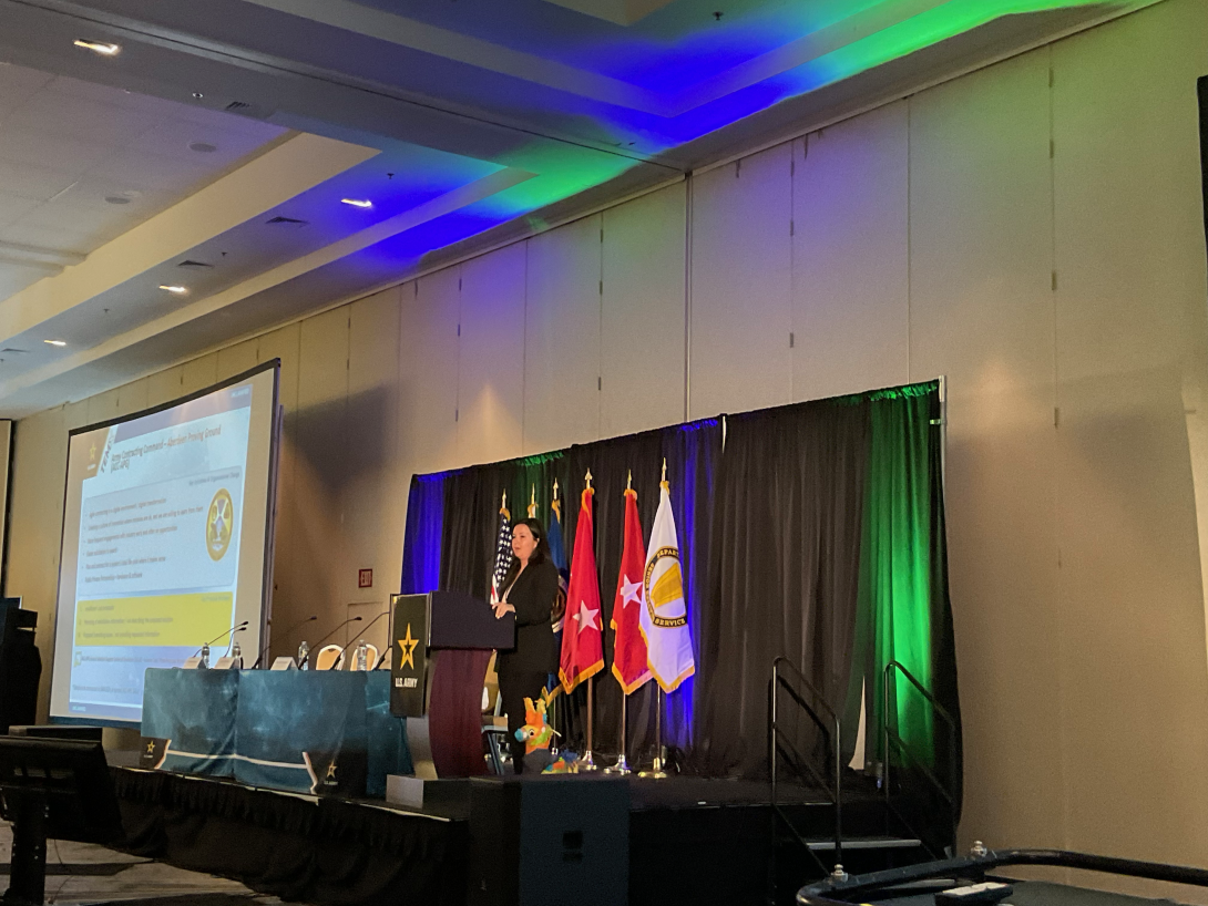 Danielle Moyer, executive director, Army Contracting Command-Aberdeen Proving Ground speaking at the Technical Exchange Meeting X in Philadelphia on May 24, sees industry making preventable mistakes in contracting solicitations.