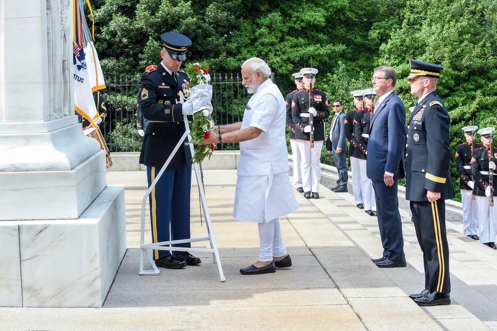 Indian Prime Minister Narendra Modi lays a wreath at Arlington Cemetery during a 2016 visit to the United States. The U.S. Department of Defense is seeking greater ties with the country amid complex geopolitics and India's ties to Russia and China. Credit: DoD photo by U.S. Army Sgt. First Class Clydell Kinchen