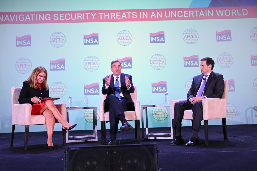 Letitia Long, former director of the National Geospatial-Intelligence Agency, moderates the “View from the Hill” plenary with Sen. Mark Warner (D-VA) (c) and Sen. Marco Rubio (R-FL), chair and vice chair of the U.S. Senate Select Committee on Intelligence, respectively, at the Intelligence and National Security Summit. Credit: Herman Farrer Photography