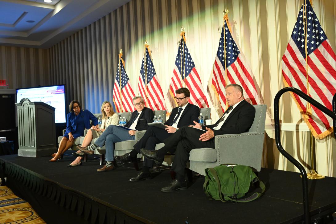 Panelists at the Intelligence and National Security Summit discuss the war between Ukraine and Russia and the impact of open source intelligence. Credit: Herman Farrer Photography 