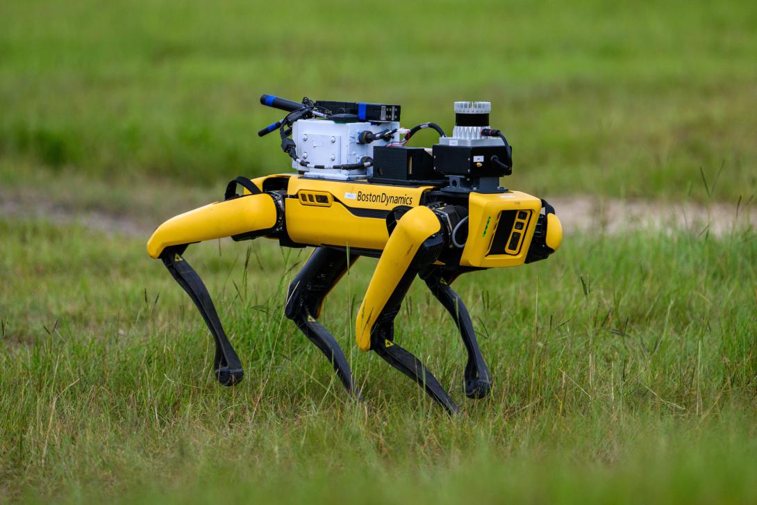 Autonomous-legged robot is tested at an exercise in Fort Moore, Georgia. Credit: Alexander Gago.