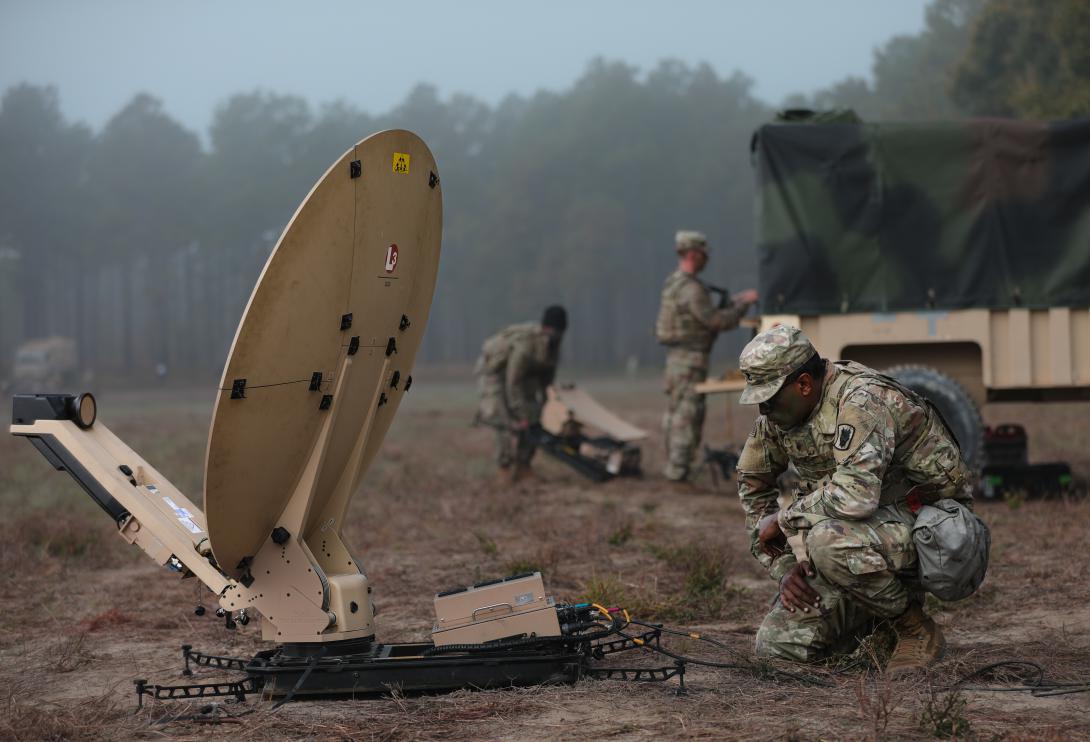 Soldiers from the 50th Expeditionary Signal Battalion-Enhanced, 35th Corps Signal Brigade, set up for an exercise at Fort Bragg in October 2022. Credit: U.S. Army Photo by Sgt. Maxine Baen