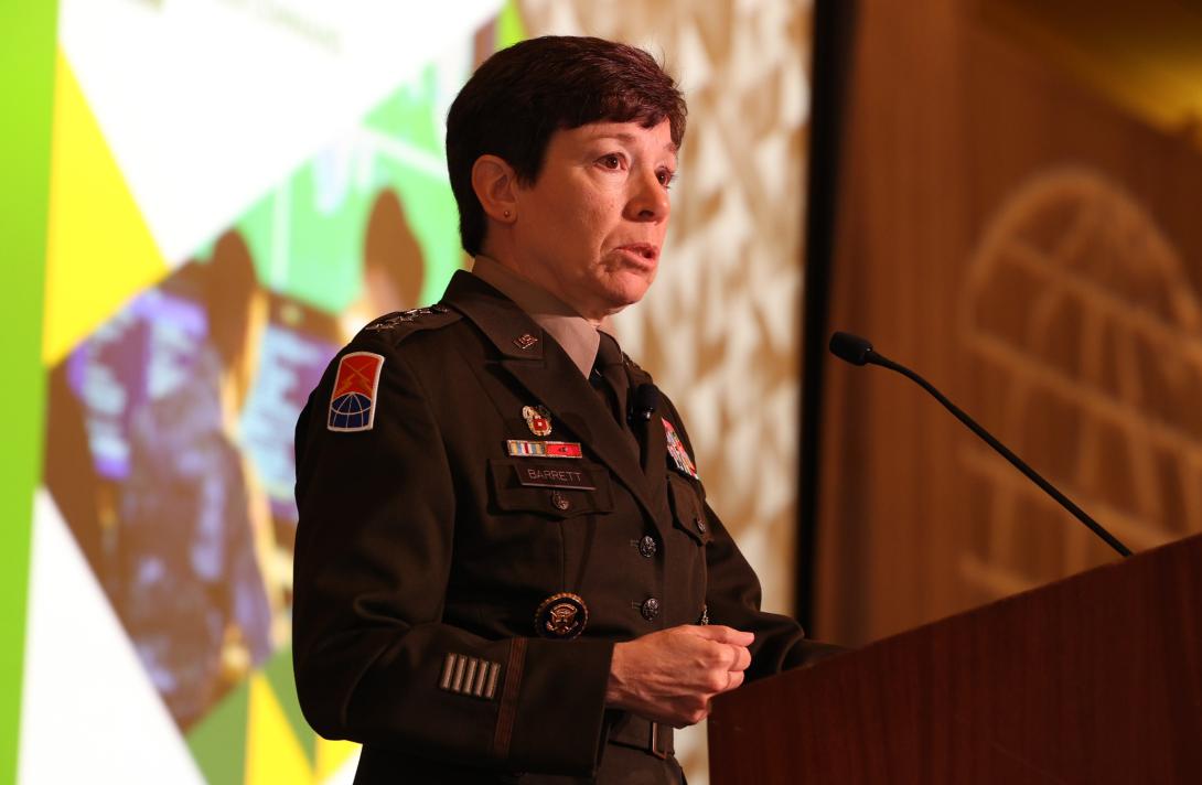 Lt. Gen. Maria Barrett, commanding general, U.S. Army Cyber Command, speaks during the final day of TechNet Augusta 2023.