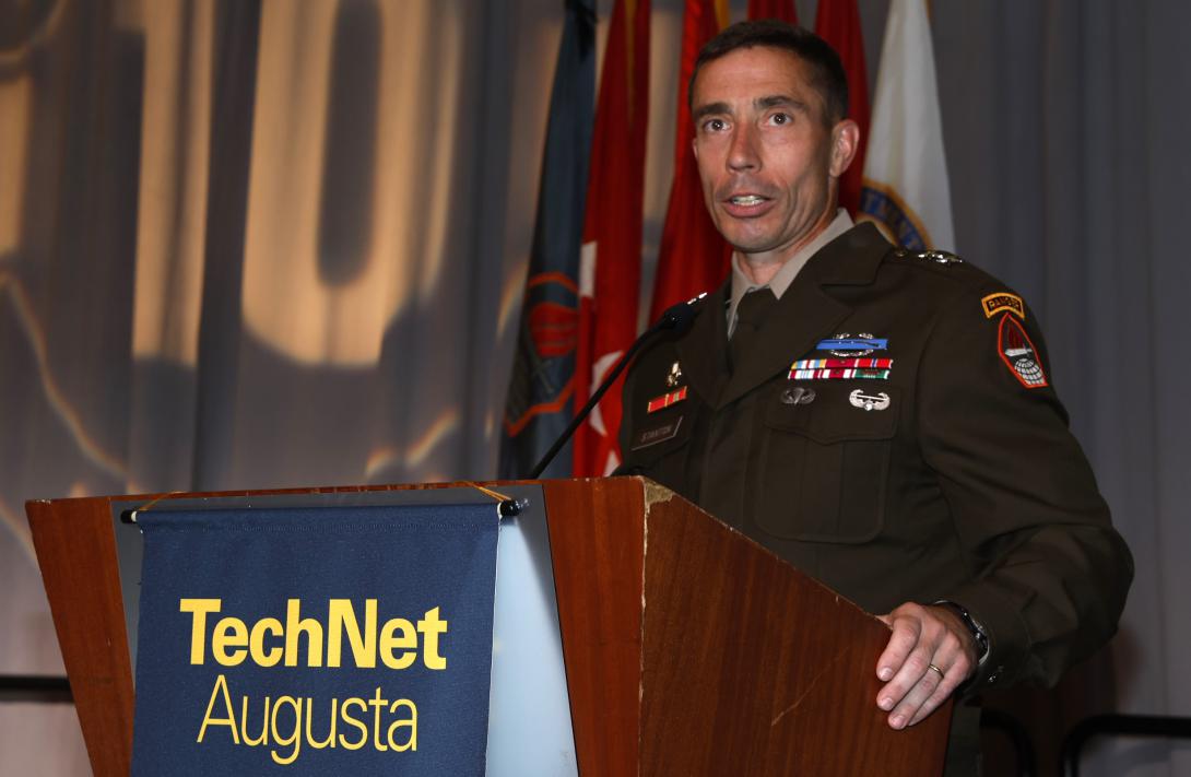 Maj. Gen. Paul Stanton, commander of the Army’s Cyber Center of Excellence, addresses the audience during AFCEA’s TechNet Augusta 2023.