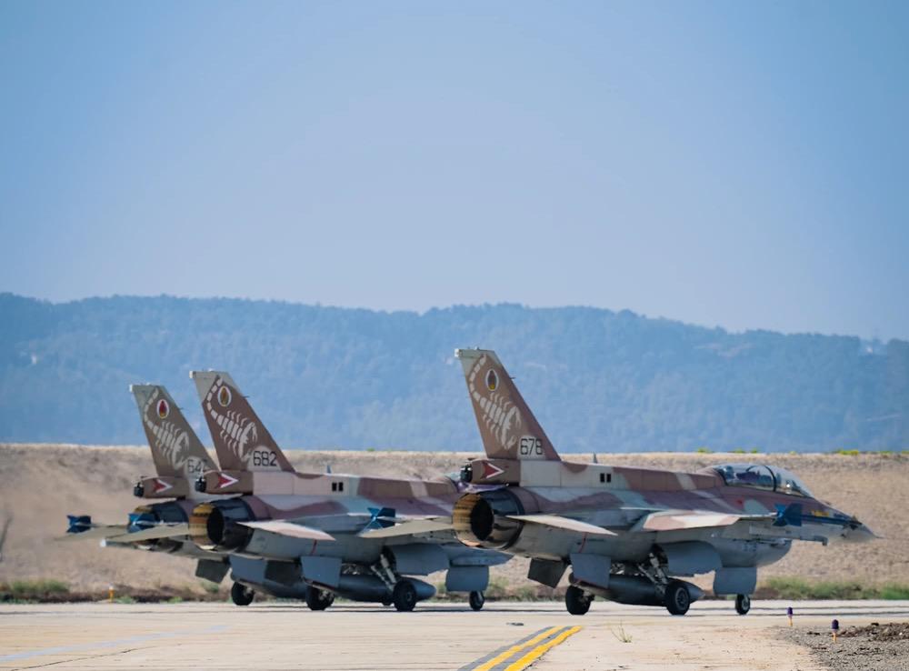 Three Israeli Air Force F-16D Barak fighter jets prepare to take-off at Ramat David Airbase, Israel on October 27, 2022 during a visit by U.S. Air Force Lt. Gen. Alexus G. Grynkewich, Ninth Air Force (Air Forces Central) commander with Israel Air Force Maj. Gen. Tomer Bar, IAF commander. The military-to-military relationships between the United States and key Middle East partner countries. Credit: U.S. Air Force photo by Senior Airman Micah Coate