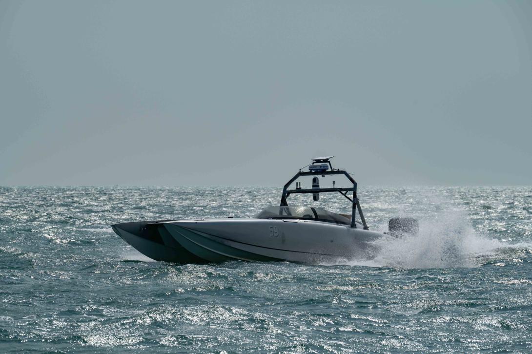 A Devil Ray unmanned surface vessel, sails in the Arabian Gulf as Task Force 59 integrates unmanned systems and artificial intelligence with maritime operations. Credit: Mass Communication Specialist 2nd Class Jacob Vernier, U.S. Navy.