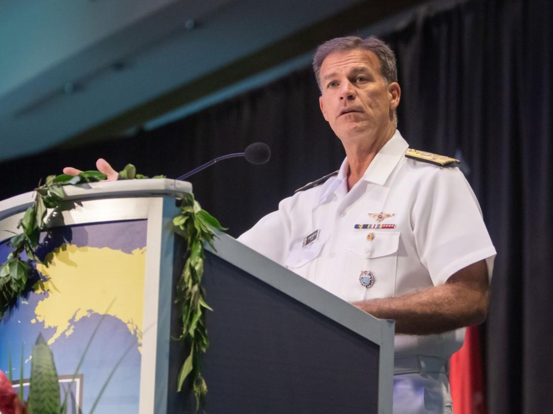 Adm. John C. Aquilino, commander of the U.S. Indo-Pacific Command, addresses the audience on the last day of TechNet Indo-Pacific. Credit: Artistic Mindz Photography