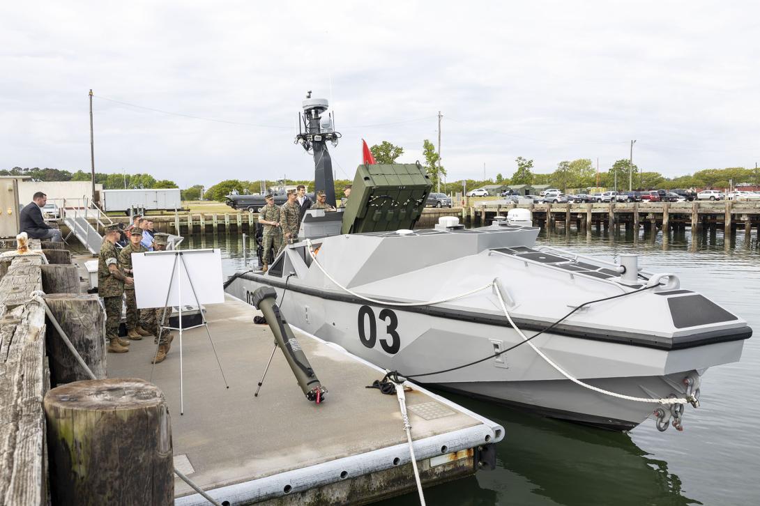 U.S. Marine Corps commanders reviewed the capabilities of the Long-Range Unmanned Surface Vessel in April 2023. This semiautonomous vessel is capable of extended trave and transporting loitering munitions. Credit: Sgt. Kealii De Los Santos, U.S. Marine Corps