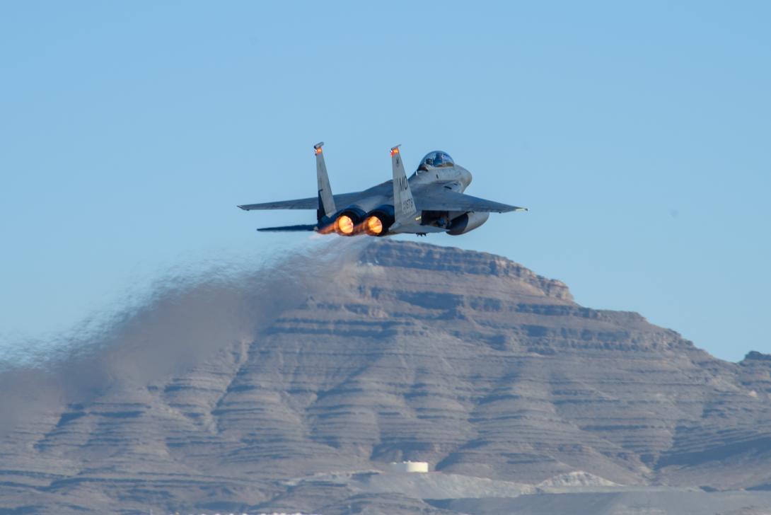 An F-15E Strike Eagle assigned to the 366th Fighter Wing, Mountain Home Air Force Base, Idaho, takes off from Nellis AFB, Nevada, on October 19, 2023. The Air Force is advancing on its battle management command and control concept, expert says. Credit: U.S. Air Force photo by Senior Airman Jose Miguel T. Tamondong