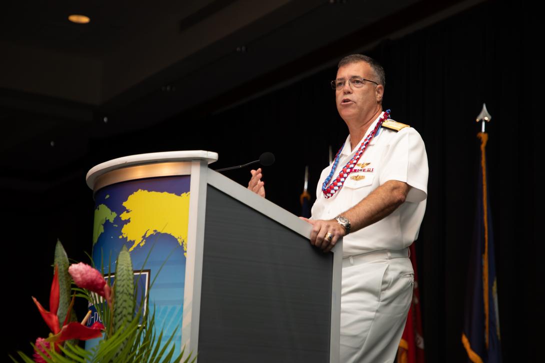 U.S. Pacific Fleet RADM Eric C. Ruttenberg delivers opening keynote speech at TechNet Indo Pacific 2023 in Honolulu, HI.