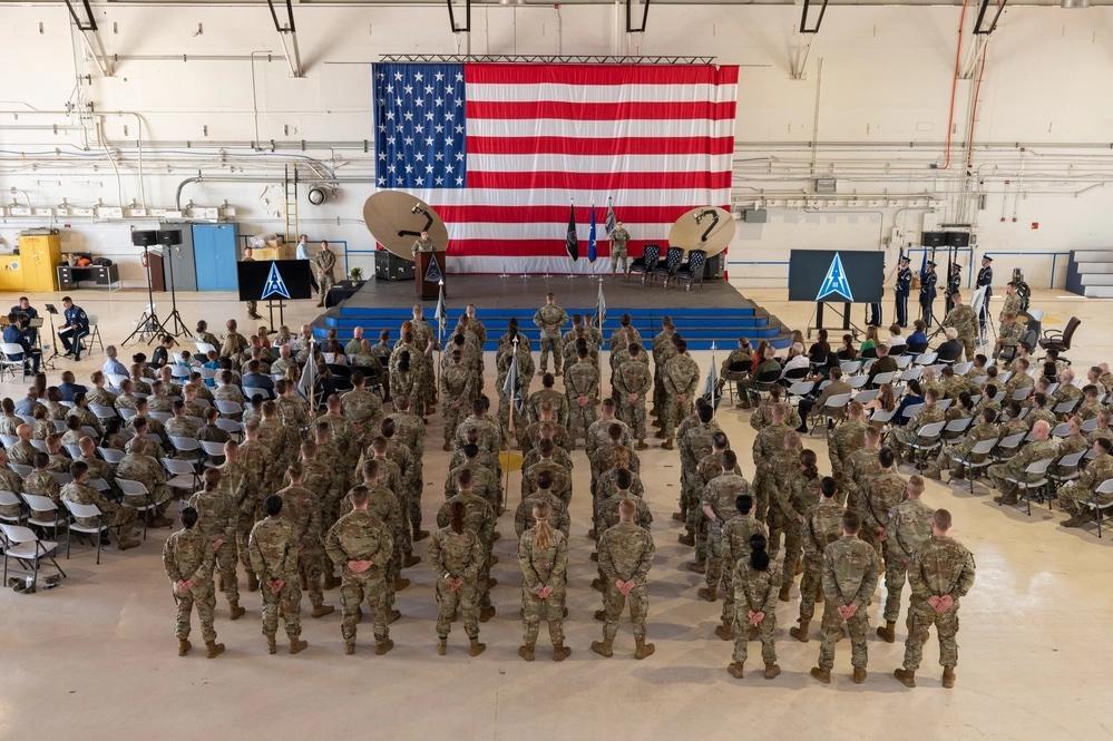 Guardians and airmen from Space Delta 3–Space Electromagnetic Warfare, stand in formation during a change of command ceremony June 29, 2023, at Peterson Space Force Base, Colorado. Delta 3 is one of two Integrated Mission Deltas, a concept that the Space Force is trying out over a year time frame. Credit: U.S. Space Force photo by Airman 1st Class Cody Friend