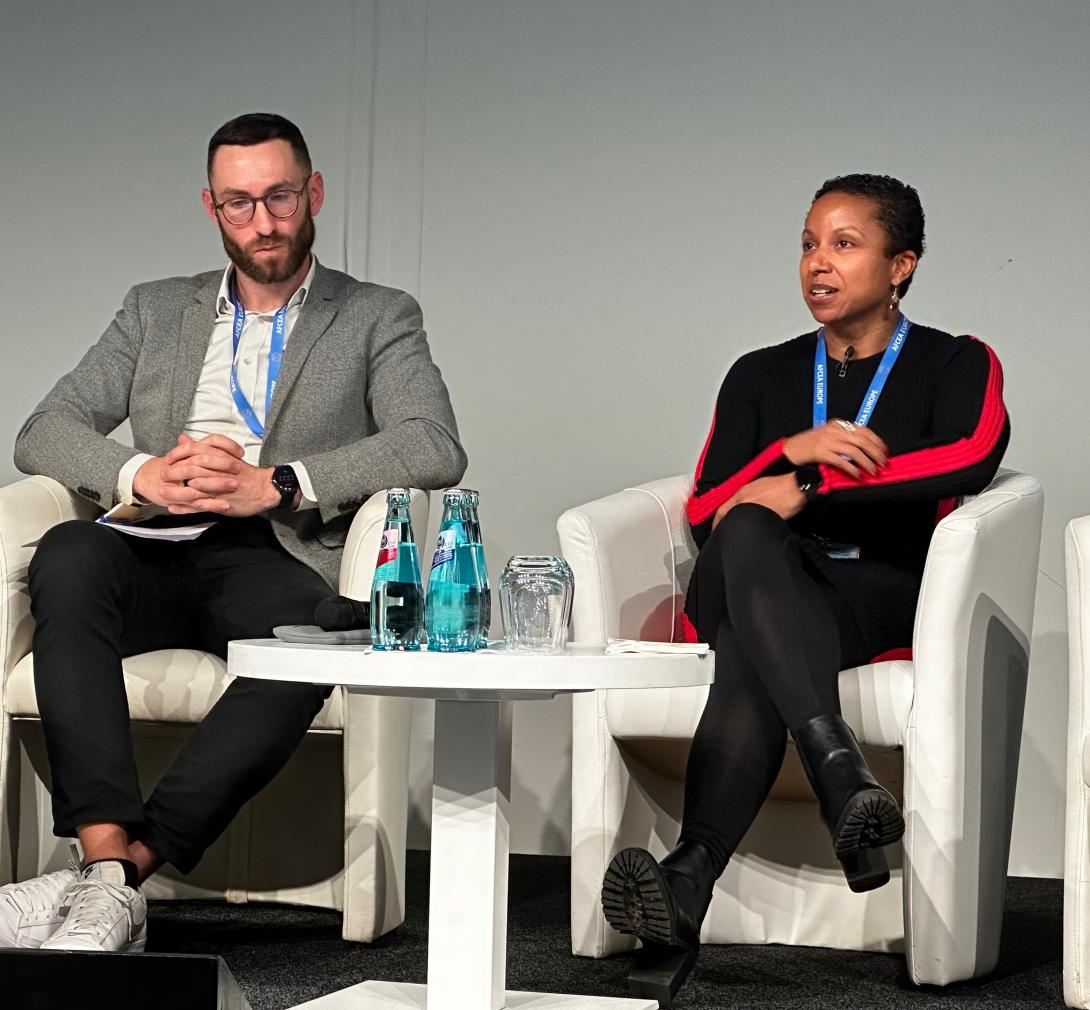 Jennifer Blum (R), principal scientist, OptTek Sytems, and Nathan Keegan, chief technology officer for Booz Allen Europe, discuss data science and big data platforms with other leaders during a panel at AFCEA's TechNet TransAtlantic on December 6.