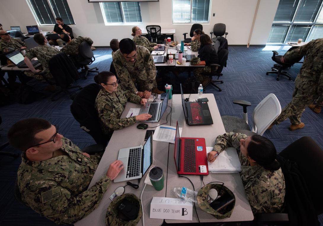 Navy Reserve Sailors from the Naval Information Warfare Systems Command participate in a four-day exercise to teach them strategies in defensive cyber operations. Credit: Joe Bullinger, U.S. Navy.