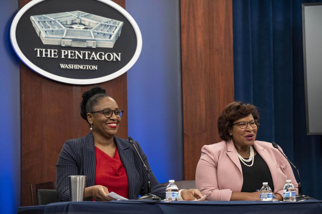 The Assistant Secretary of Defense for Industrial Base Policy Laura Taylor-Kale (l) and Halimah Najieb-Locke, acting principal deputy assistant secretary of defense for Industrial Base Policy, speak to reporters at the Pentagon on January 11, 2024, announcing the new National Defense Industrial Strategy.