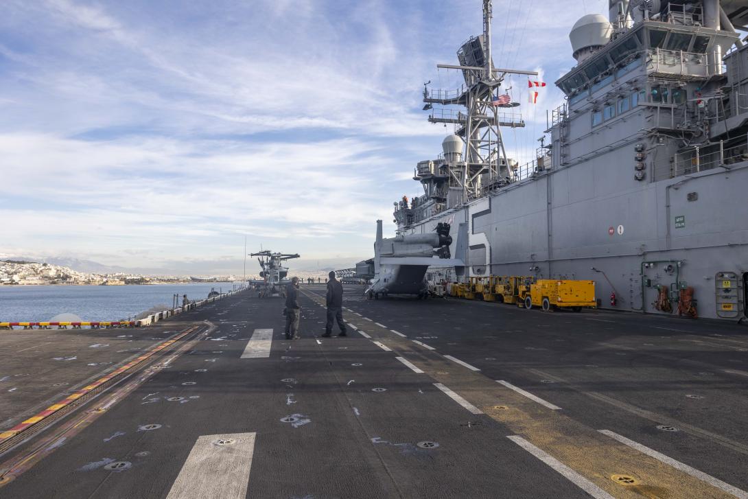 The USS Bataan (LHD 5) anchors off the coast of Piraeus, Greece on January 11. U.S. Navy photo by Mass Communication Specialist 2nd Class Bradley Rickard