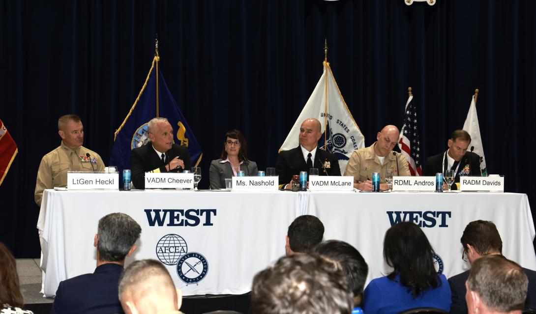 Panelists discuss global security and the sea services during WEST 2024.