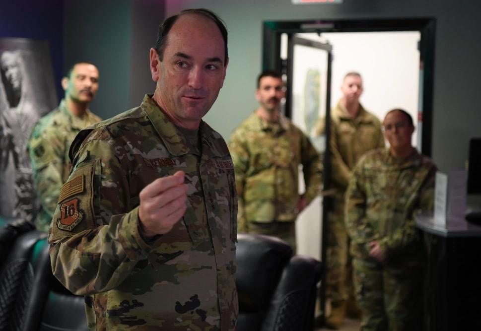 U.S. Air Force Lt. Gen. Kevin B. Kennedy, 16th Air Force commander speaks to airmen on March 29, 2023, on Grand Forks Air Force Base, North Dakota, while visiting the 319th Reconnaissance Wing. As the service reoptimizes, Air Force Cyber is also strengthening. U.S. Air Force photo by Airman Colin Perkins
