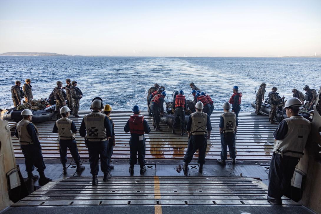 U.S. Navy sailors with the amphibious docking ship USS Green Bay (LPD 20) and U.S. Marines with the 31st Marine Expeditionary Unit participate in a reconnaissance and surveillance exercise off the coast of Okinawa, Japan. The 31st MEU is operating aboard ships of the America Amphibious Ready Group in the 7th fleet area of operations to enhance interoperability with partners and serve as a ready response force to defend peace and stability in the Indo-Pacific region.  USMC photo by Cpl. Christopher Lape