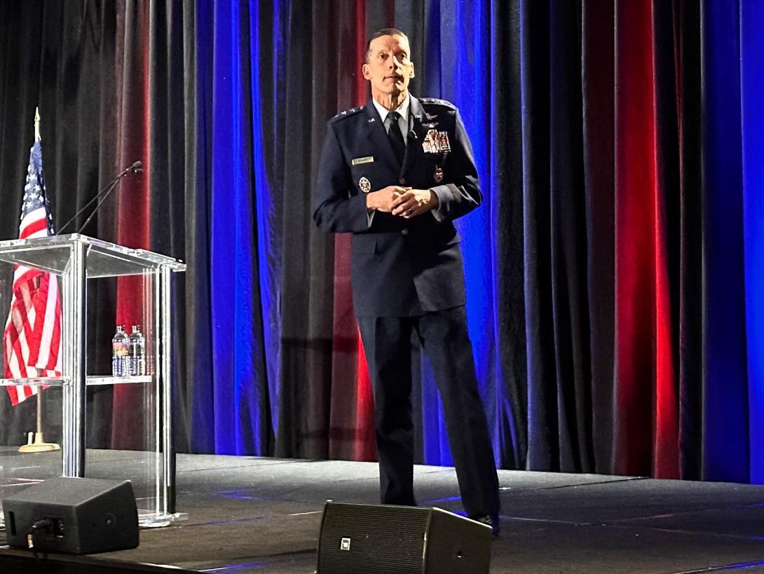 Lt. Gen. Robert Skinner, USAF, director, Defense Information Systems Agency, and commander, Joint Forces Headquarters-Department of the Defense Information Network, speaks at the AFCEA Rocky Mountain Cyberspace Symposium.