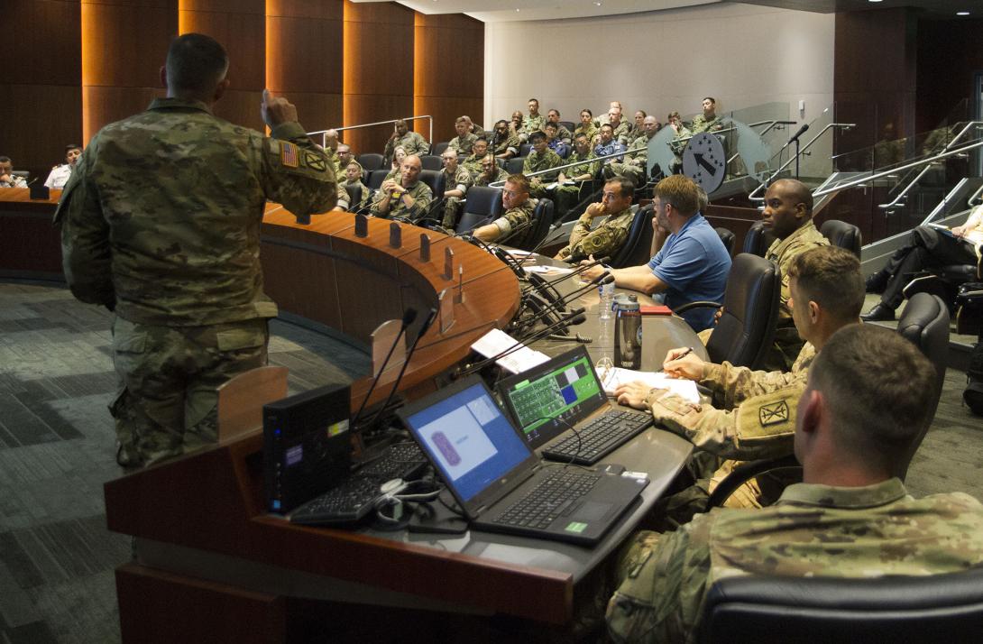 U.S. Army Col. Christopher Wendland, commander of I Corps, 17th Field Artillery Brigade and lead of the U.S. Army Multi Domain Task Force pilot program, briefs the capabilities of the Multi Domain Task Force to joint and combined forces attending the fires symposium during Rim of the Pacific exercise on Fort Shafter, Hawaii, July 2, 2018. Credit: U.S. Army photo by Capt. Rachael Jeffcoat/Released