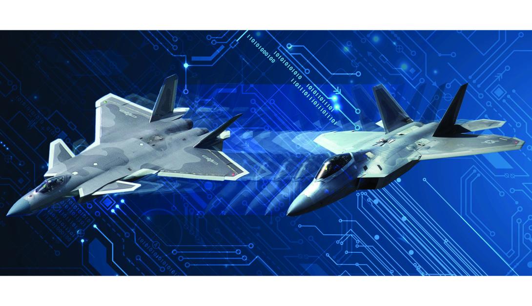 Some experts suspect the People’s Republic of China stole F-22 data to build its J-20 fighter jet. The National Security Agency’s Cybersecurity Collaboration Center helps protect defense industrial base data.  This image combines an Air Force photo of the F-22 by Tech Sgt. David Salanitri with a Wikimedia Commons image submitted by contributor N509FZ, and circuitry from Shutterstock/vs148.