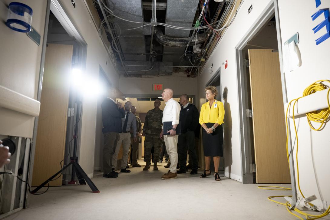 DHS Secretary Alejandro Mayorkas toured Terrebonne General Hospital in Houma, Louisiana to examine the damage caused by Hurricane Ida in 2021. DHS photo by Benjamin Applebaum. 