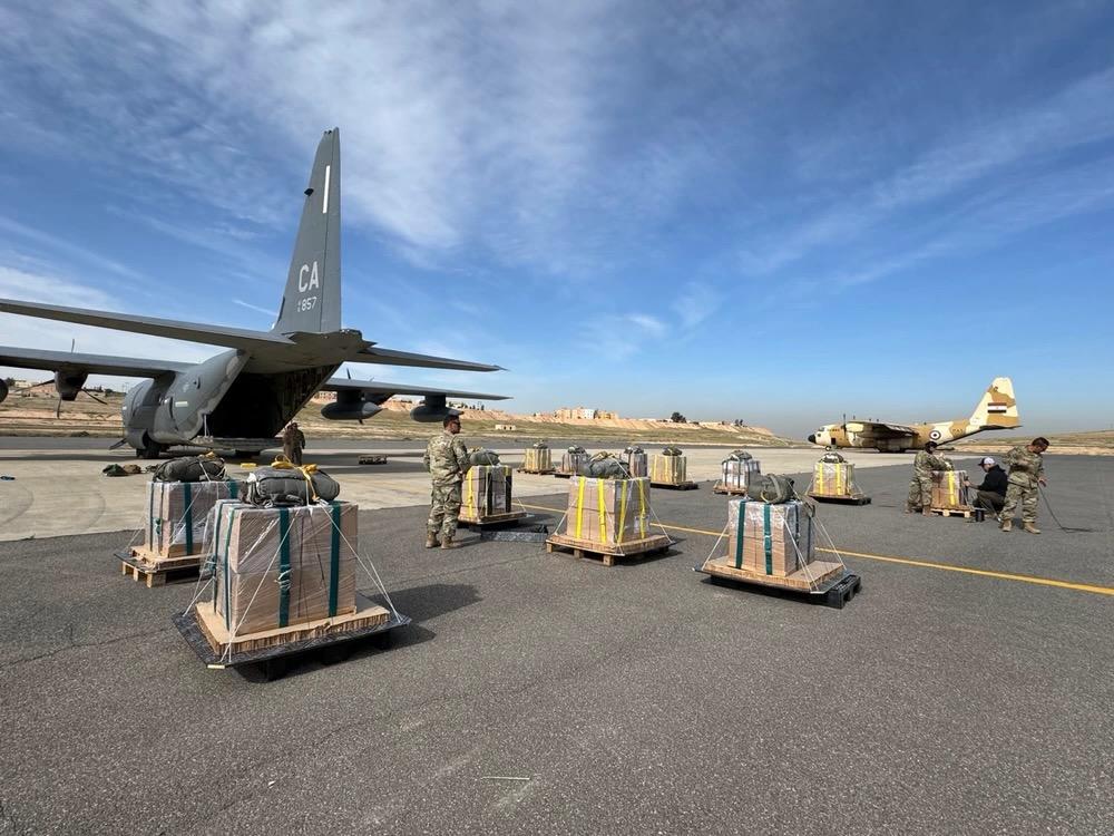 U.S. Air Force loadmasters prepare humanitarian aid destined for airdrop over Gaza by a U.S. Air Forces Central HC-130J Combat King II at an undisclosed location in the U.S. Central Command area of responsibility, March 14, 2024, the tenth such airdrop since March 2. U.S. Air Force photo by 1st Lt. Kaitlyn Lawton 