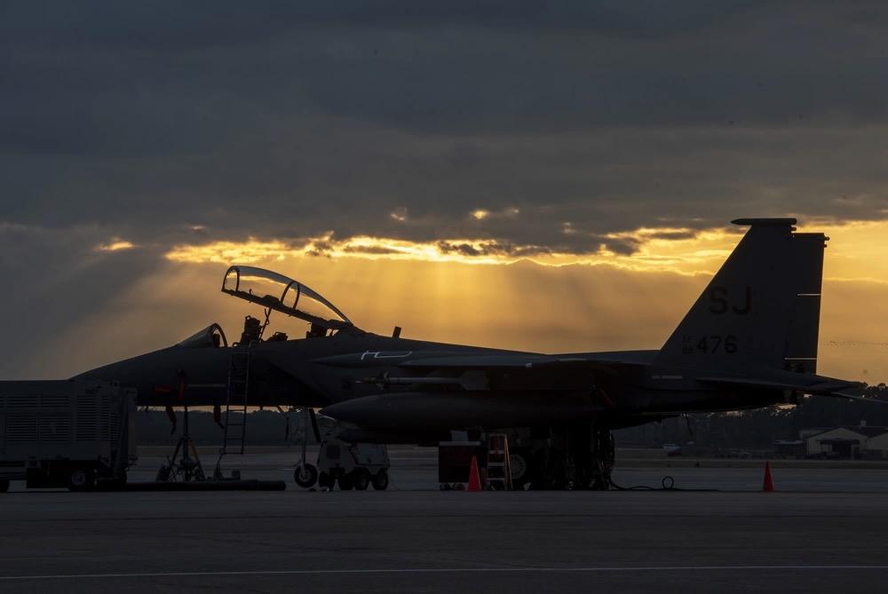 An F-15E Strike Eagle sits on the flight line at Seymour Johnson Air Force Base, North Carolina, in February 2021. The Air Force needs AI and automation tools to help predict demand for low-rate fail parts that are crucial to sustaining F-15 operations.  U.S. Air Force photo by Airman 1st Class Kylie Barrow