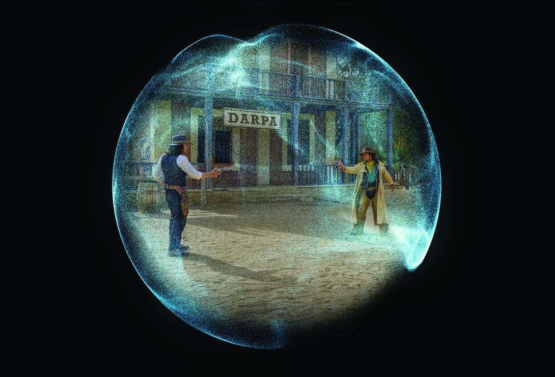 The state of quantum computing research can be described as the Wild West, where companies— and countries—are in a metaphorical shootout to come up with a winning technology. Credit: Art combines two Shutterstock images: Abstract sphere by Quardia and Cowboy Gunfight by Fotomicar