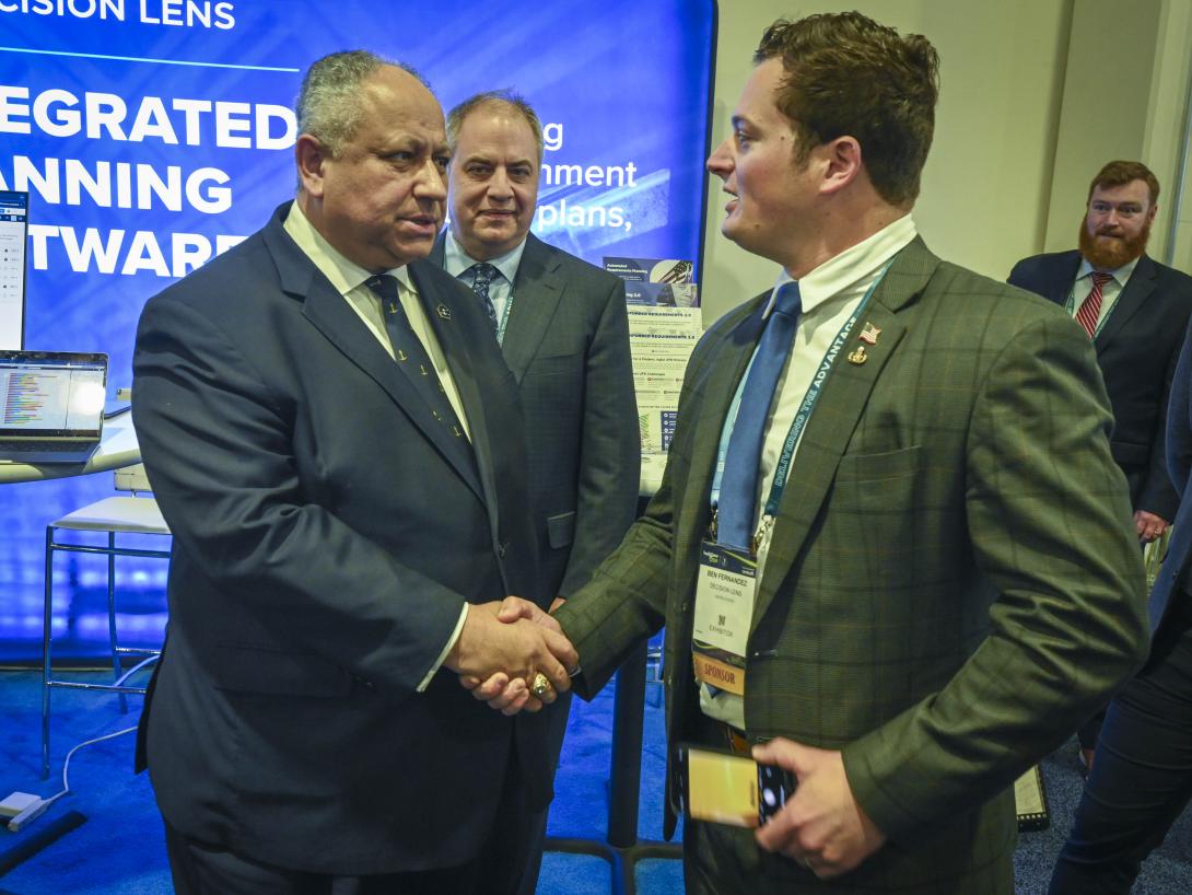 Secretary of the Navy Carlos Del Toro speaks with industry executives at an event in Washington, DC. Photo credit: Mass Communication Specialist 2nd Class Jared Mancuso, U.S. Navy.