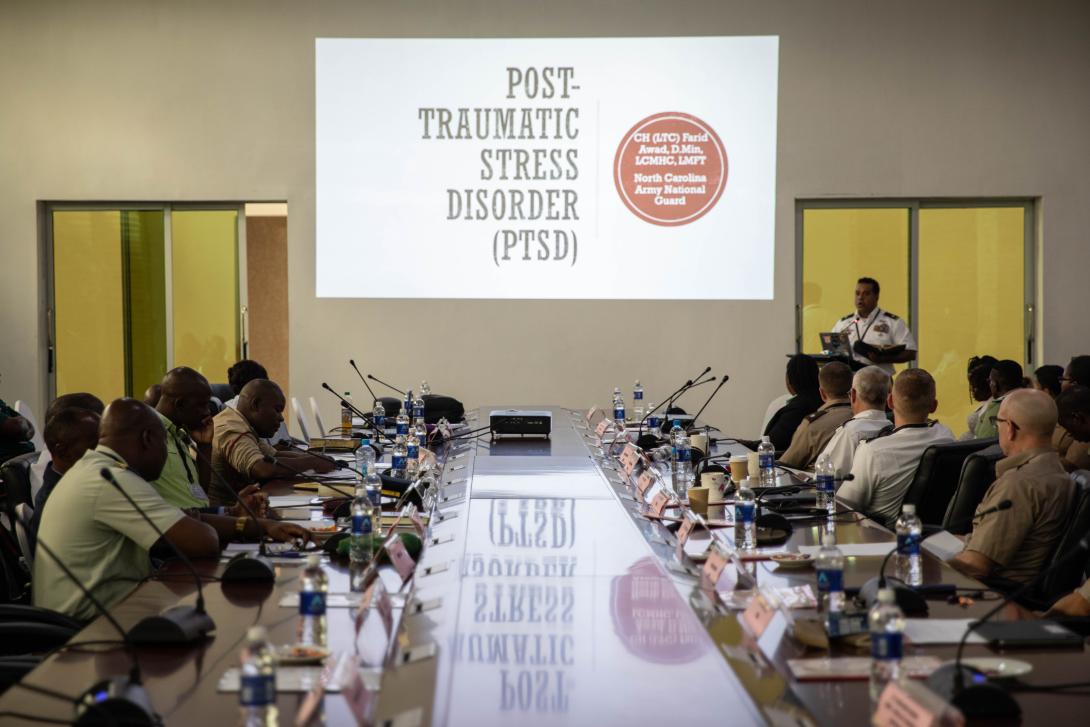 A U.S. Army Chaplain addresses PTSD before the Zambian Defence Force. Lt. Col. Farid Awad presented a workshop to enhance spiritual readiness for military personnel. Photo credit: Spc. Ebony Neal, U.S. Army.