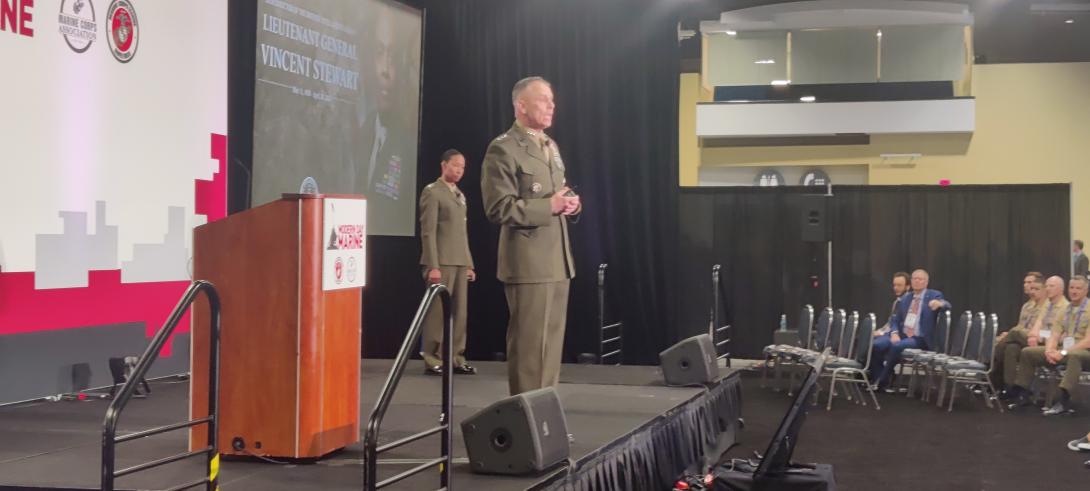 Lt. Gen. Matthew Glavy and Maj. Gen. Lorna Mahlock address the audience at Modern Day Marine 2024. Photo credit: Diego Laje, SIGNAL.