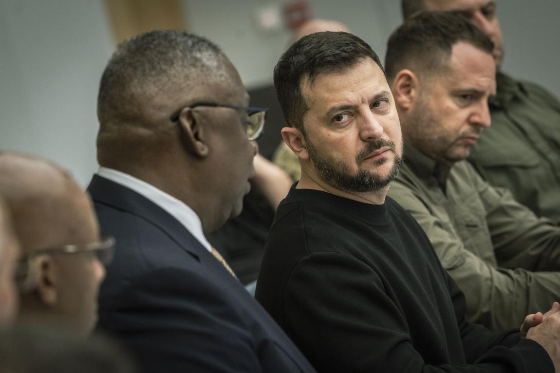 Secretary of Defense Lloyd Austin and Ukrainian President Volodymyr Zelenskyy open a meeting of the Ukraine Defense Contact Group at NATO Headquarters, in Brussels, Belgium, in 2023. Credit: Chad J. McNeeley, DoD/DVIDS