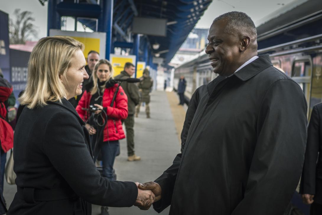 Secretary of Defense Lloyd Austin was greeted by U.S. Ambassador to Ukraine Bridget Brink during his visit to Kyiv, in November 2023. Photo credit: Chad J. McNeeley, DoD.