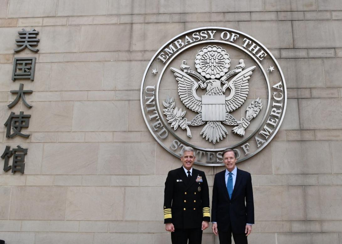 Adm. Stephen Koehler, commander, U.S. Pacific Fleet, left, meets Nicholas Burns, U.S. ambassador to the PRC, in Beijing, China. Photo credit: U.S. Navy.