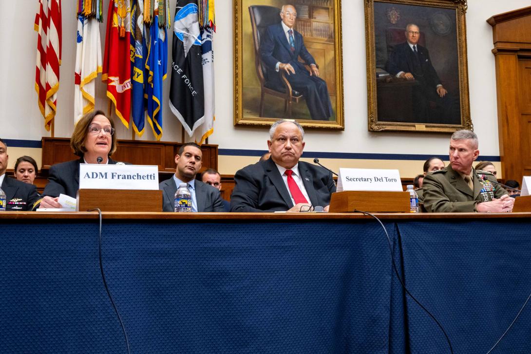 Adm. Lisa Franchetti, chief of naval operations, Carlos Del Toro, secretary of the navy and Gen. Eric Smith, Marine Corps commandant, appeared at a house hearing on Wednesday. Photo credit: Chief Mass Communication Spec. Amanda R. Gray, U.S. Navy.