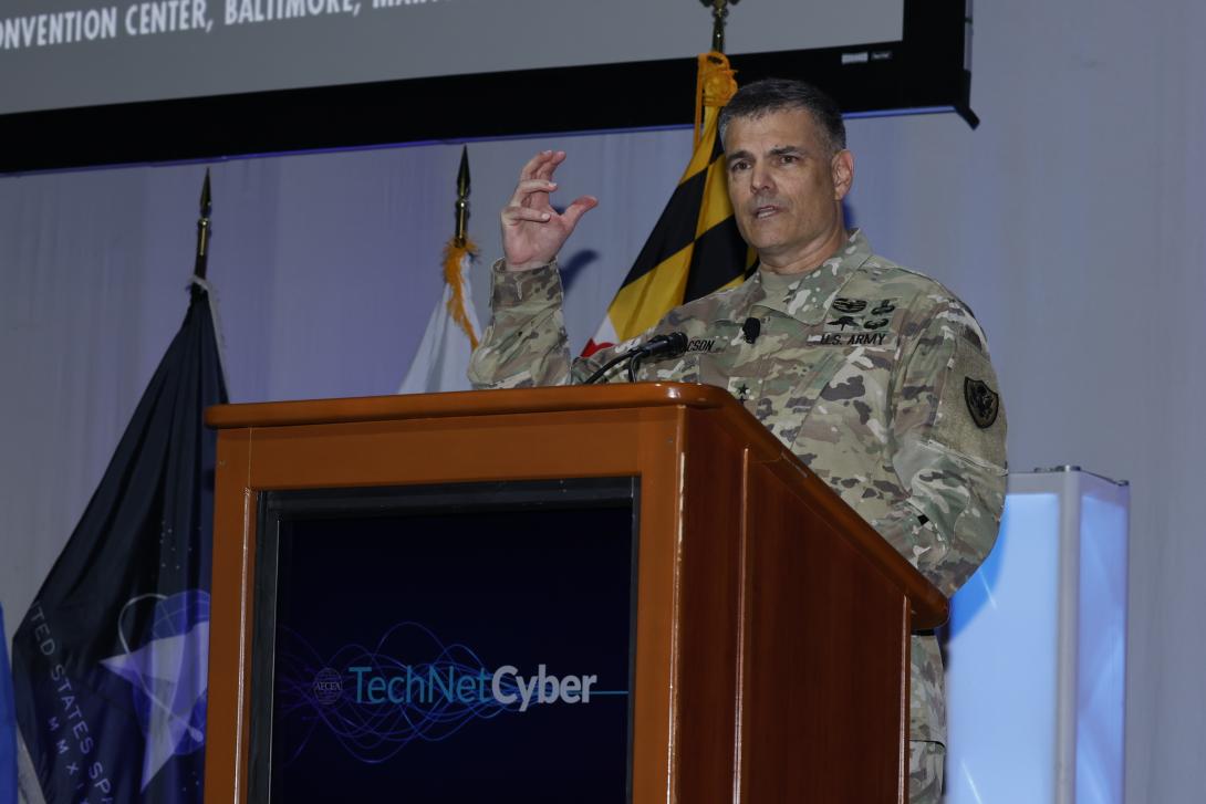 Lt. Gen. David Isaacson, USA, talks transformational leadership Thursday at AFCEA's TechNet Cyber in Baltimore.