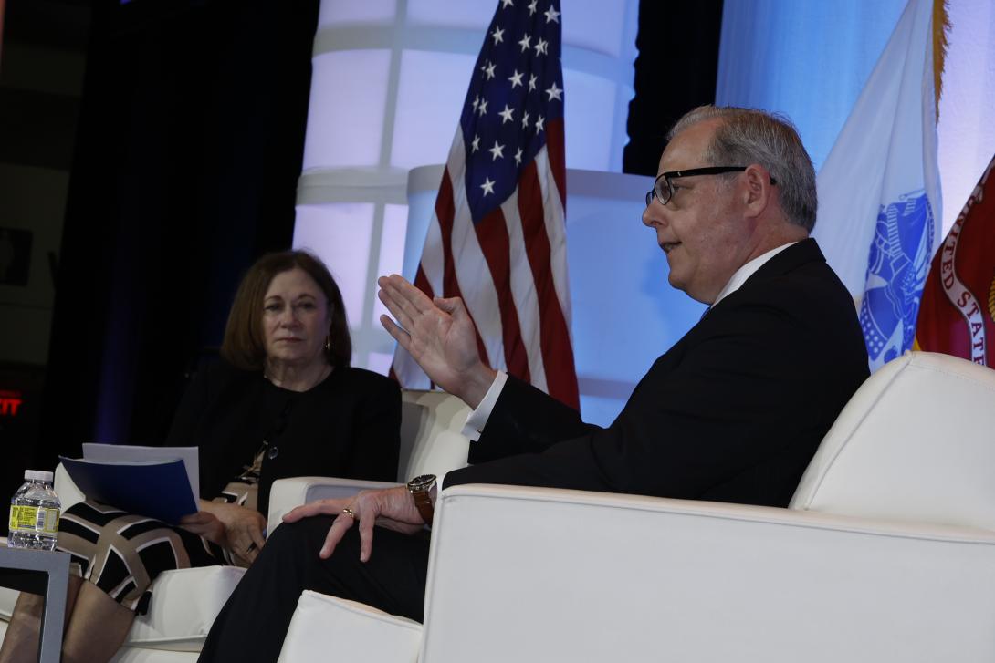 John Sherman, outgoing DoD chief information officer, and AFCEA President and CEO Lt. Gen. Susan Lawrence, USA (Ret.), discuss cyber needs during TechNet Cyber 2023. Credit: Michael Carpenter
