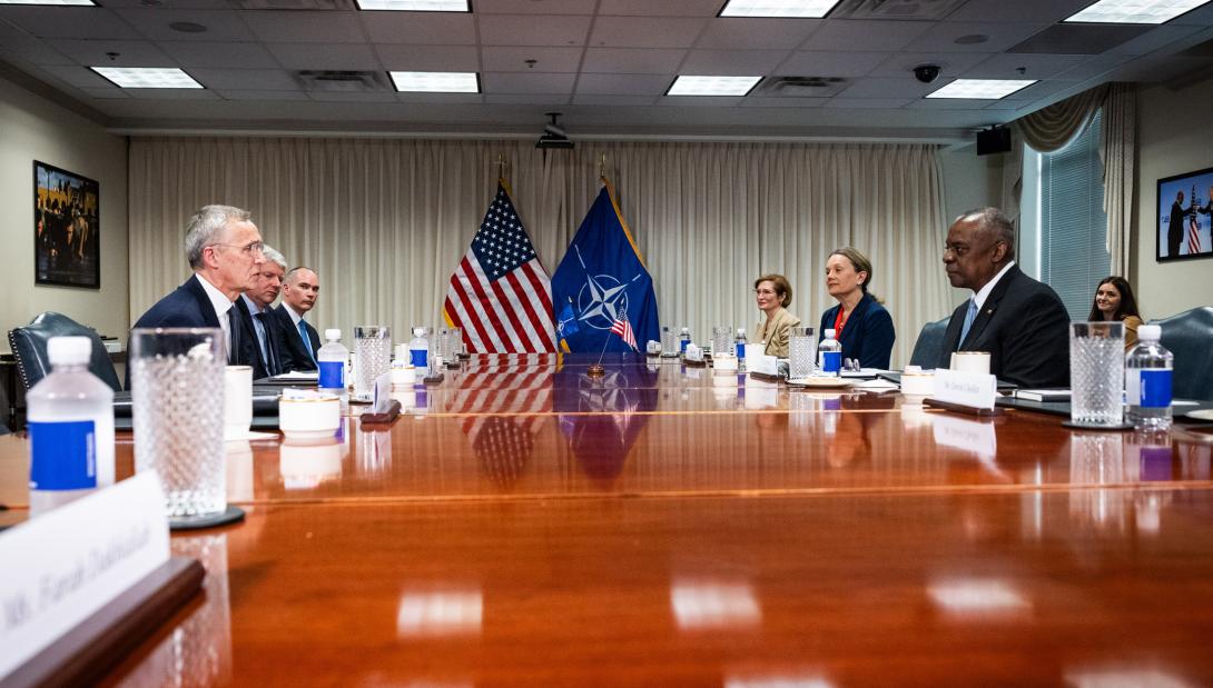 NATO Secretary General Jens Stoltenberg meets with U.S. Secretary of Defense Lloyd J. Austin during NATO Summit 2024. Photo courtesy of NATO.