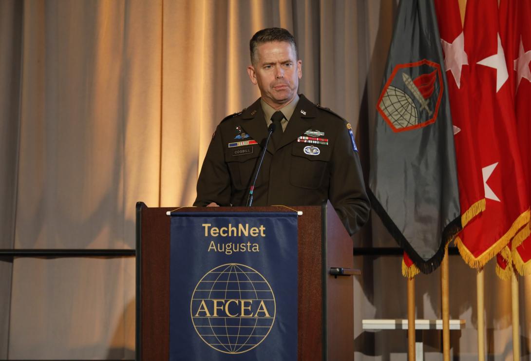Brig. Gen. John Cogbill speaks at AFCEA's TechNet Augusta 2024 in Augusta, Georgia.