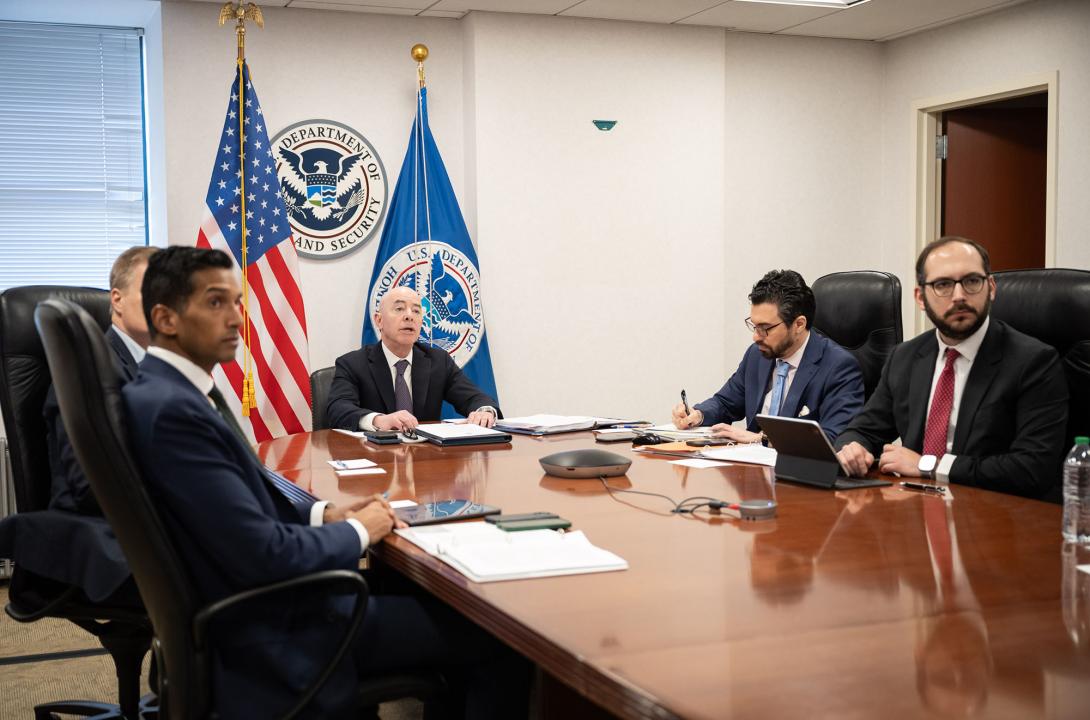 Homeland Security Secretary Alejandro Mayorkas attends an AI Safety and Security Advisory Board meeting virtually in San Francisco. Credit: DHS photo by Sydney Phoenix/Released