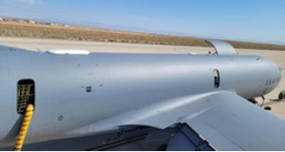 A KC-135 preparing for flight test of a pLEO SATCOM system, utilizing a low-profile phased array antenna. Credit: The Air Force Research Laboratory.