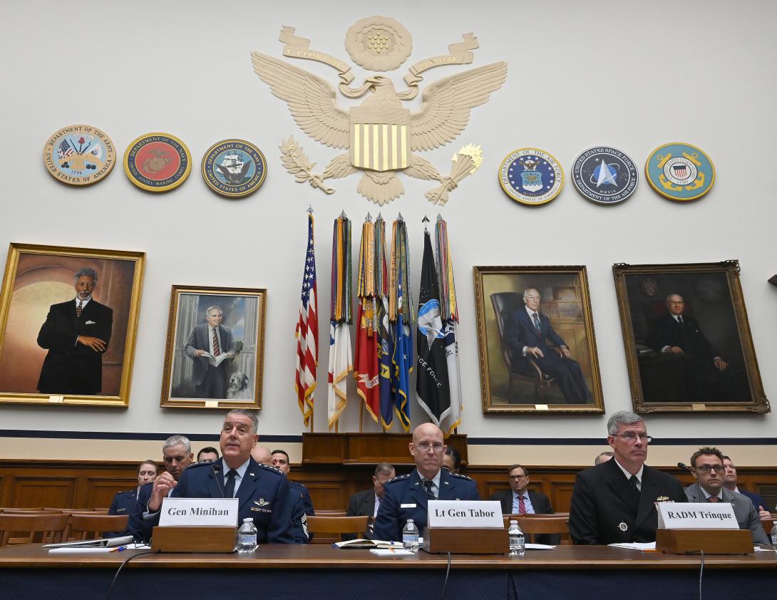 Generals Minihan and Tabor with Rear Adm. Drique, testify before the Senate Armed Services Committee. Credit: Chad Trujillo, U.S. Air Force.
