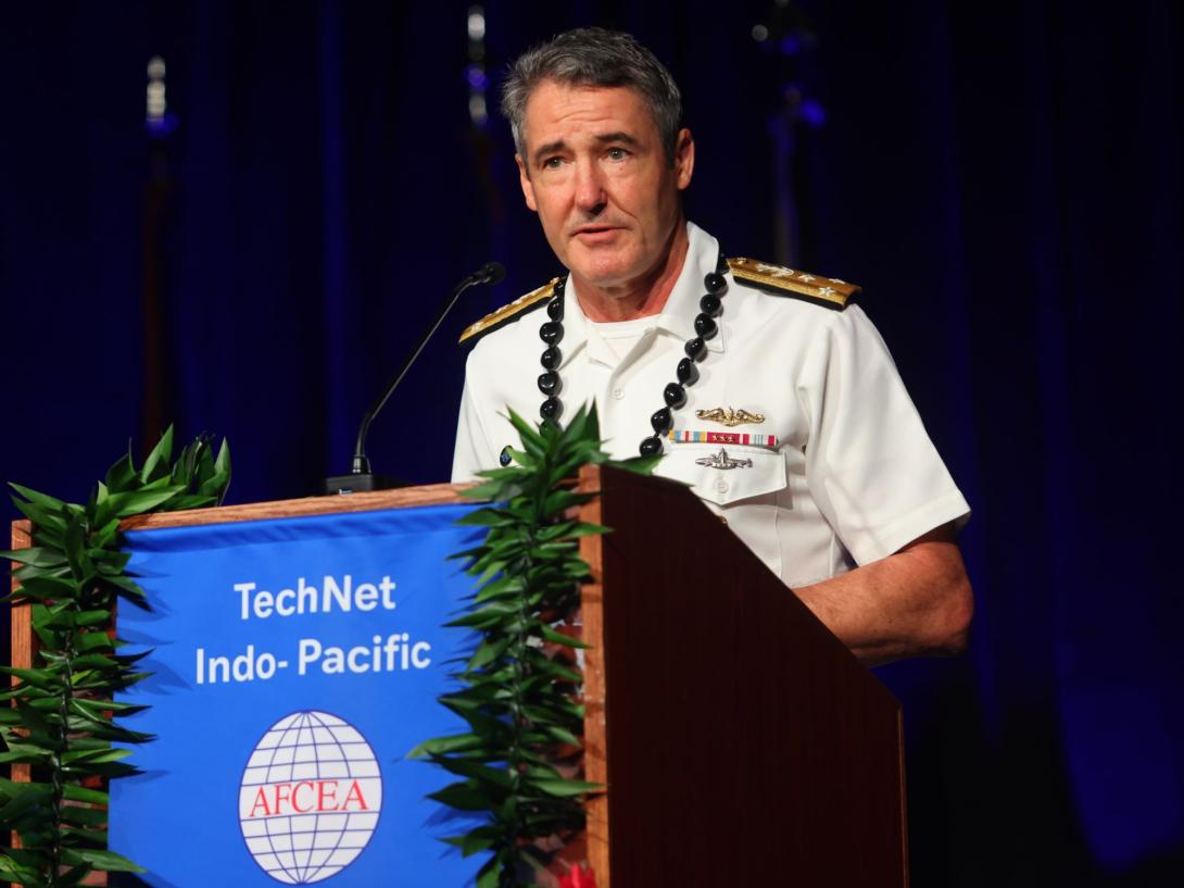 Vice Adm. Blake Converse, deputy commander of the U.S. Pacific Fleet, speaks at TechNet Indo-Pacific 2024.