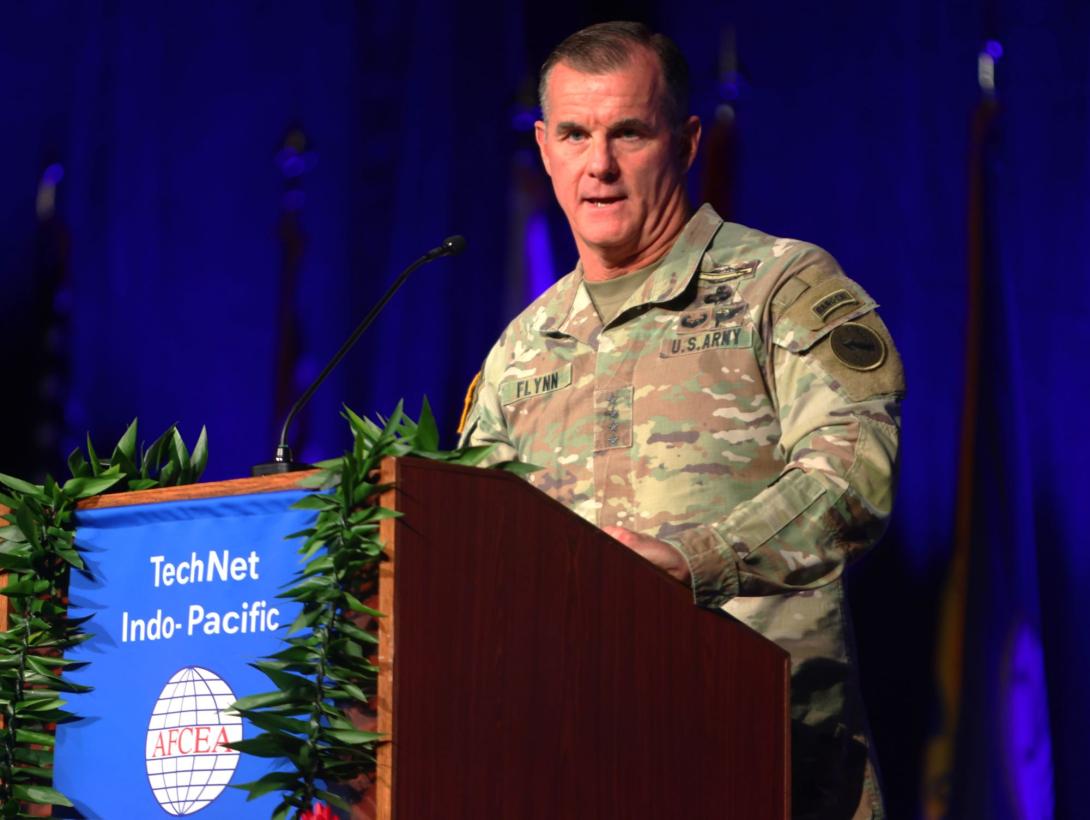 Gen. Charles A. Flynn, commander, U.S. Army Pacific, addresses the audience at TechNet Indo-Pacific on October 22, 2024. Credit: Tony Grillo